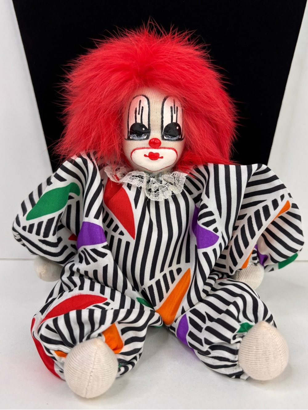 Q-Tee-Clown 1987 Collectible Red Rabbit Hair Doll in B&W Striped Jumpsuit w Tags